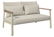 Gartenlounge-Set mit beigem Stoff und Holzarmlehnen, seitliche Perspektive