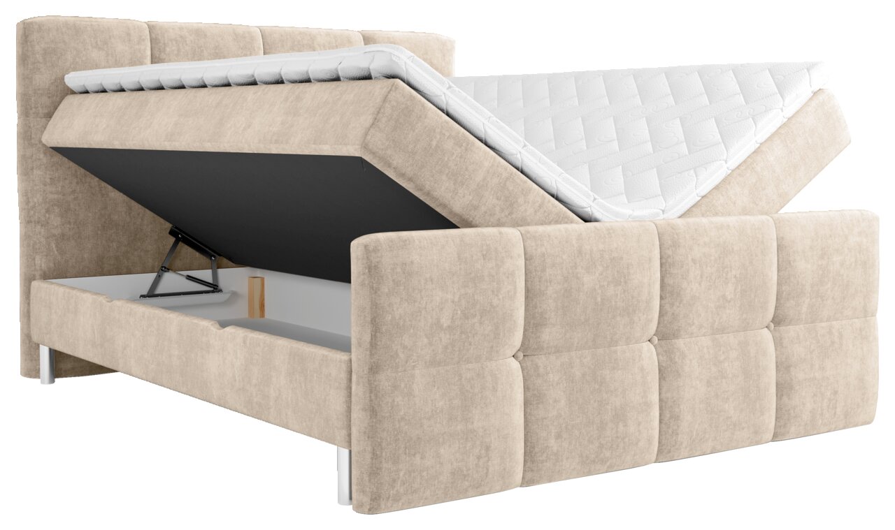 Boxbett mit hochgeklappter Matratze, seitliche Perspektive, zeigt Stauraum und Hebemechanismus.