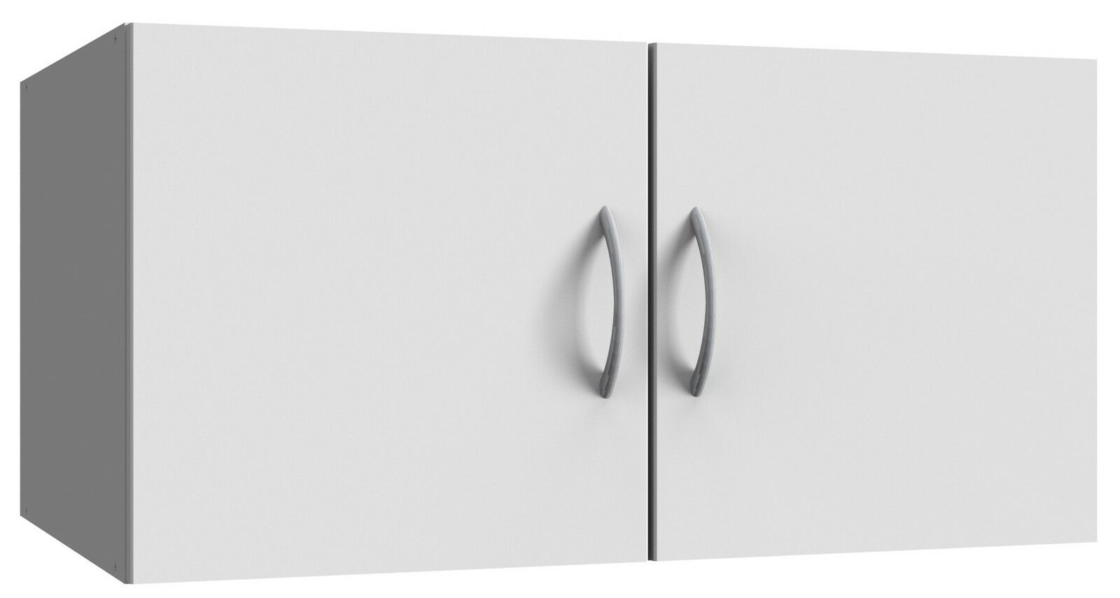 Weißer Wandschrank mit zwei Türen und silbernen Griffen, seitliche Perspektive