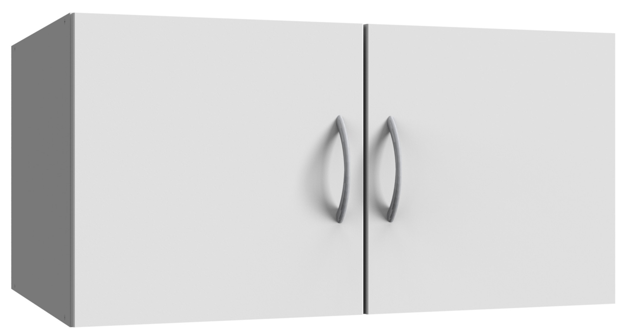 XORA Aufsatz T40 MULTIRAUMKONZEPT Weißer Wandschrank mit zwei Türen und silbernen Griffen, seitliche Perspektive
