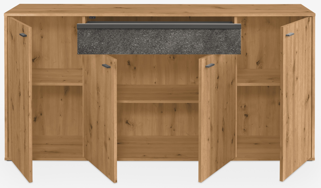 Frontansicht eines Sideboards aus Holz mit offenen Türen und einer Schublade in Steinoptik.