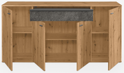 Frontansicht eines Sideboards aus Holz mit offenen Türen und einer Schublade in Steinoptik.