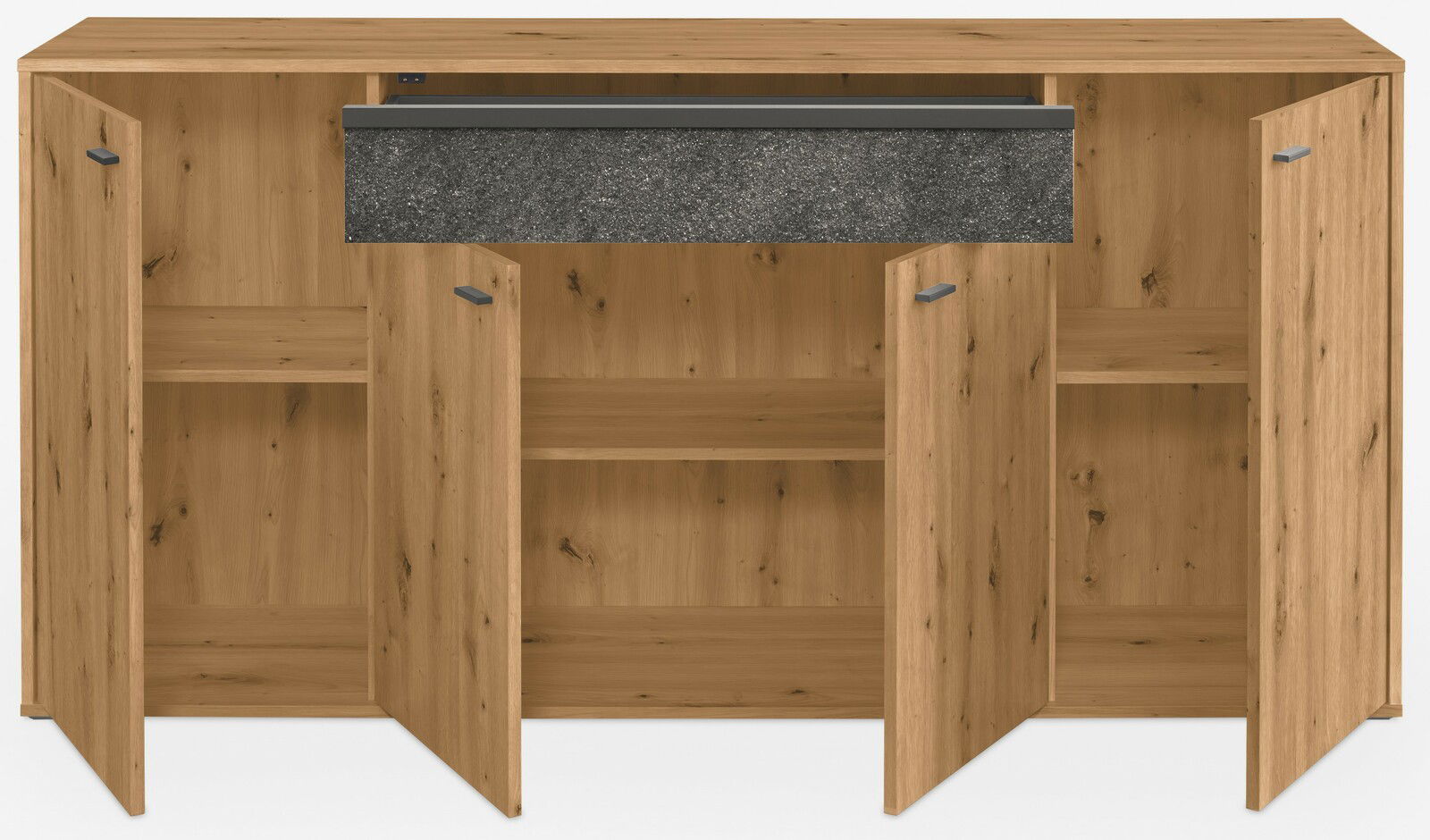 Frontansicht eines Sideboards aus Holz mit offenen Türen und einer Schublade in Steinoptik.