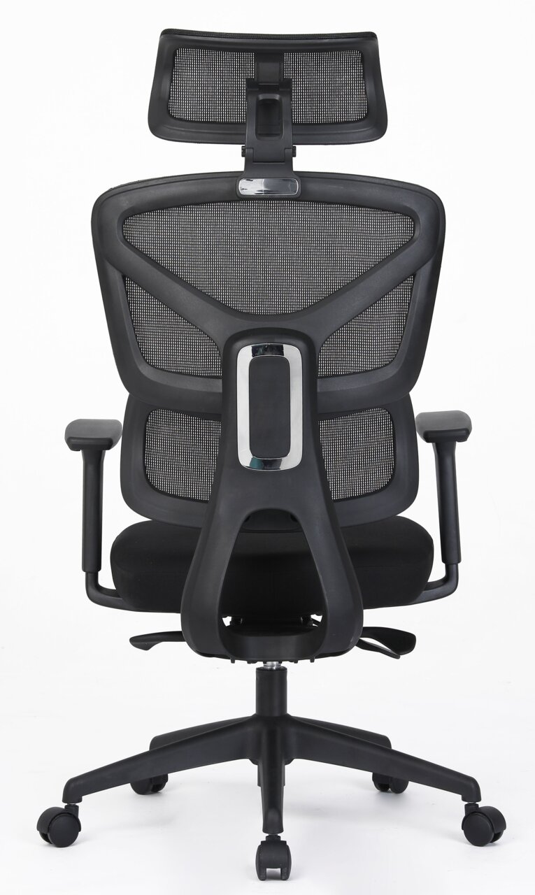 Ergonomische draaistoel met rugleuning van gaas en hoofdsteun, achteraanzicht