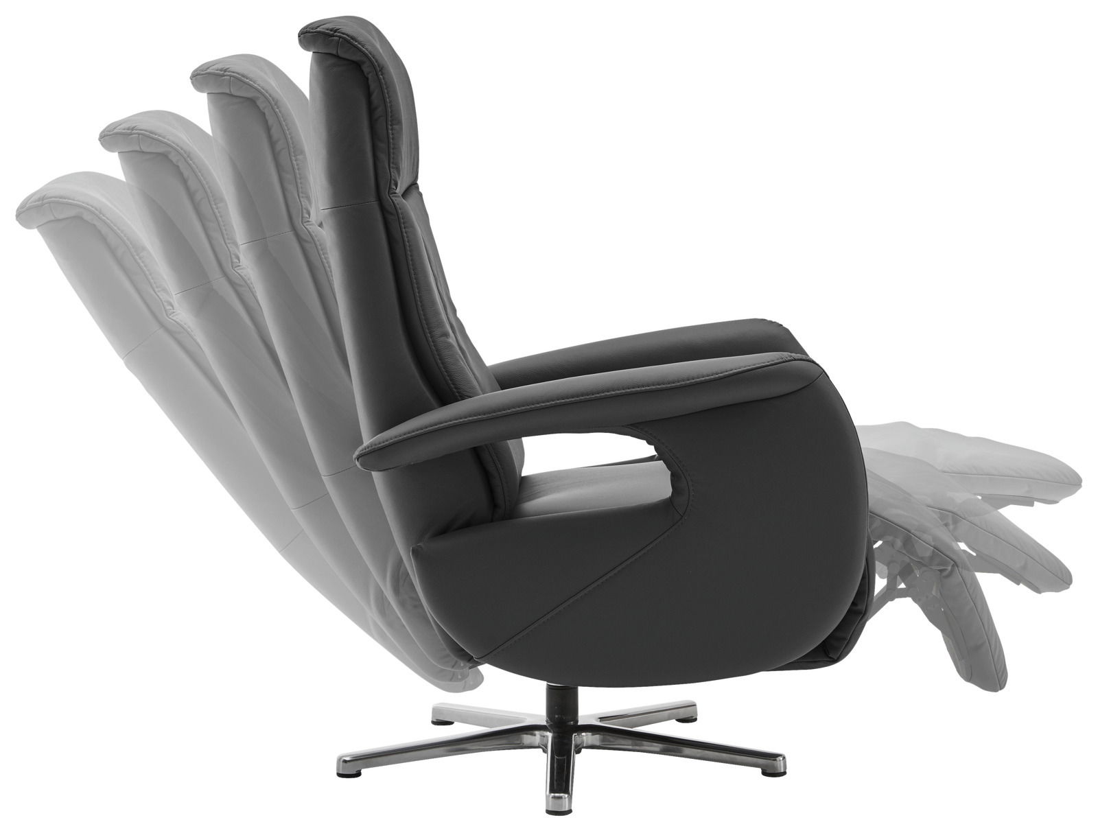 Seitenansicht eines verstellbaren Relaxsessels Beldomo Speed NORIS L in schwarzem Leder mit drehbarem Fuß.