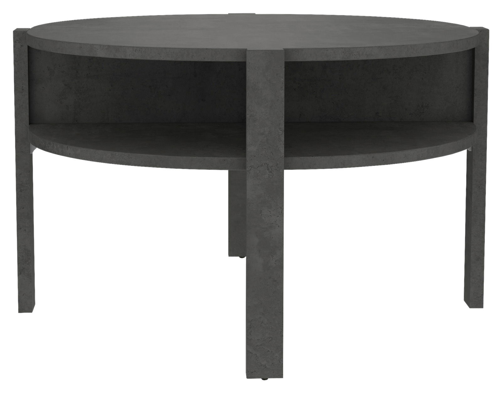 Runder Couchtisch aus dunklem Material mit zusätzlicher Ablagefläche, frontal betrachtet.