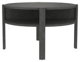 Runder Couchtisch aus dunklem Material mit zusätzlicher Ablagefläche, frontal betrachtet.