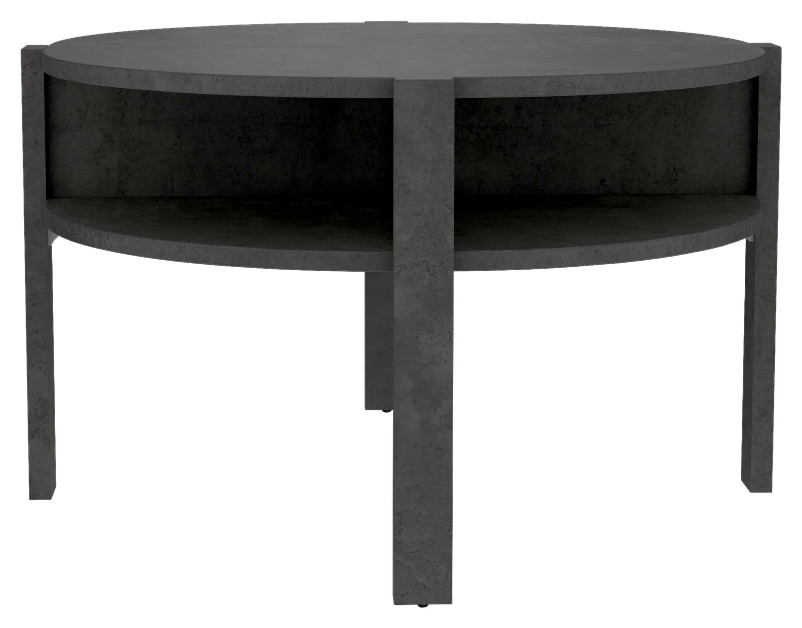 Runder Couchtisch aus dunklem Material mit zusätzlicher Ablagefläche, frontal betrachtet.