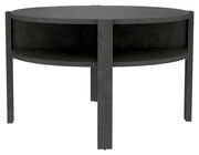 Runder Couchtisch aus dunklem Material mit zusätzlicher Ablagefläche, frontal betrachtet.