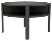 Runder Couchtisch aus dunklem Material mit zusätzlicher Ablagefläche, frontal betrachtet.