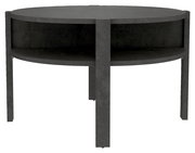 Runder Couchtisch aus dunklem Material mit zusätzlicher Ablagefläche, frontal betrachtet.