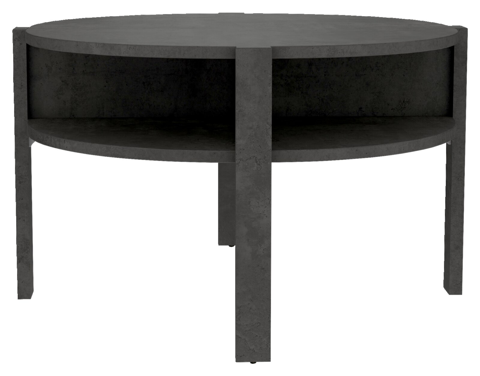 Ronde salontafel van donker materiaal met extra opbergruimte, gezien vanaf de voorkant.