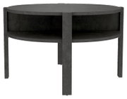 Ronde salontafel van donker materiaal met extra opbergruimte, gezien vanaf de voorkant.