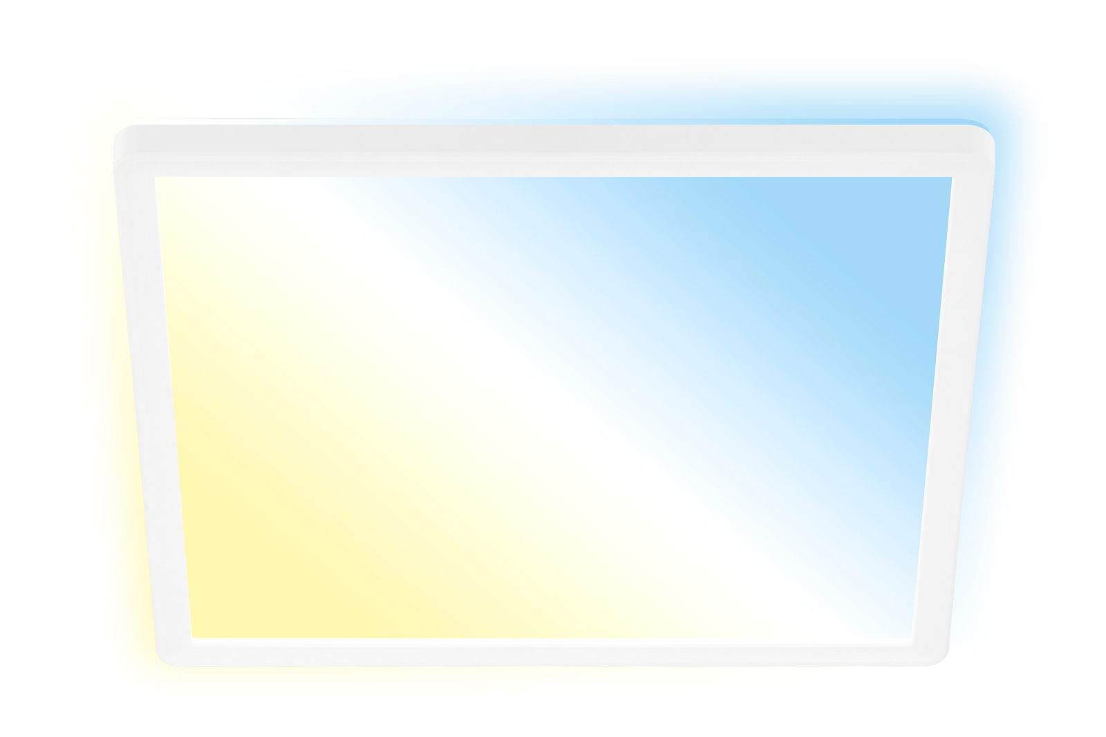LED-Deckenleuchte mit rechteckigem Design, Ansicht von unten, zeigt einen sanften Farbverlauf von Gelb zu Blau.