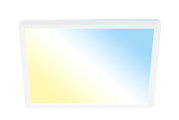 LED-Deckenleuchte mit rechteckigem Design, Ansicht von unten, zeigt einen sanften Farbverlauf von Gelb zu Blau.