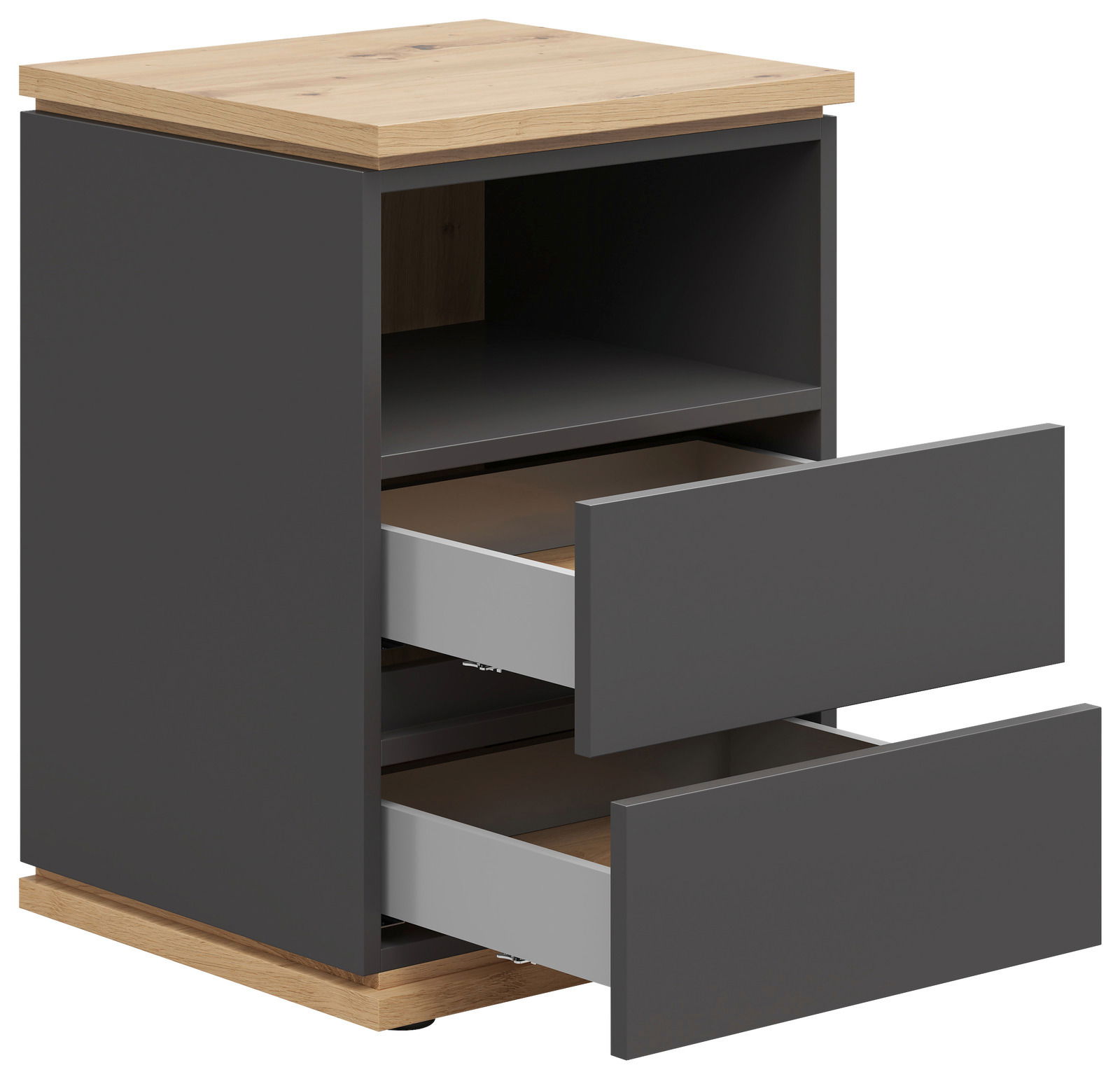 Nachtkommode mit zwei offenen Schubladen, grauer Korpus und Holzoberfläche, seitliche Perspektive