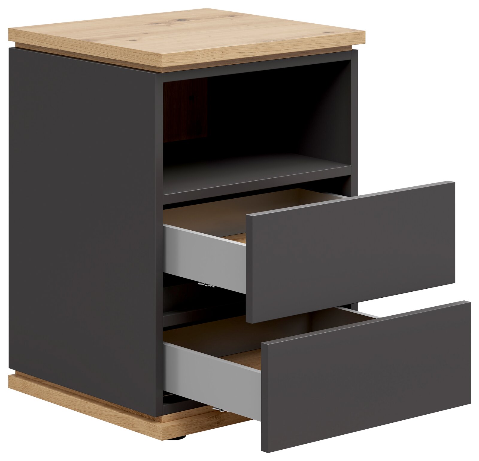Nachtkommode mit zwei offenen Schubladen, grauer Korpus und Holzoberfläche, seitliche Perspektive