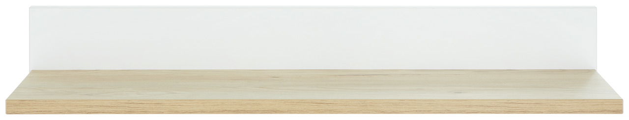 Frontale Ansicht eines modernen Wandregals mit weißer Rückwand und Holzoptik-Boden.