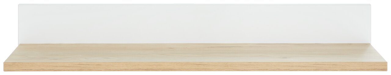 Frontale Ansicht eines modernen Wandregals mit weißer Rückwand und Holzoptik-Boden.