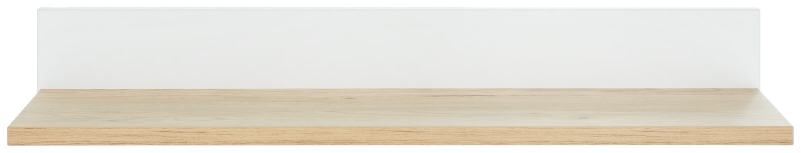 Frontale Ansicht eines modernen Wandregals mit weißer Rückwand und Holzoptik-Boden.