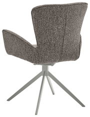 Rückansicht eines grauen Armlehnstuhls mit Stoffbezug und Metallbeinen