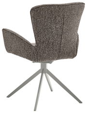 Rückansicht eines grauen Armlehnstuhls mit Stoffbezug und Metallbeinen