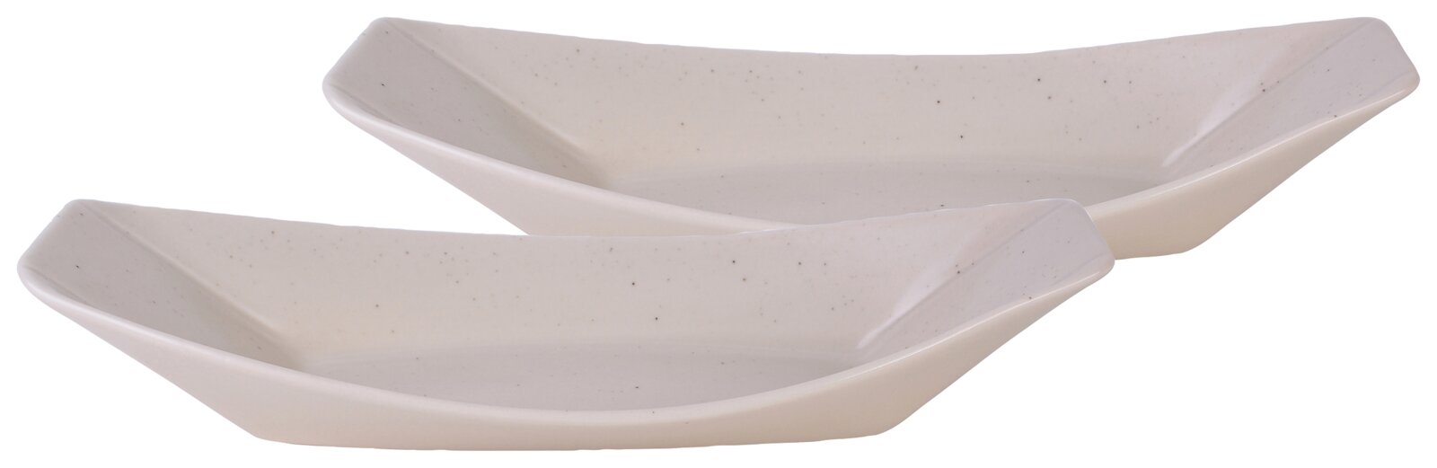 Creatable Boat 2-tlg STREET FOOD Zwei ovale, flache Servierschalen aus weiß gesprenkelter Keramik/Porzellanoptik, perspektivisch in leichter Seitenansicht (schräg von vorn) fotografiert.