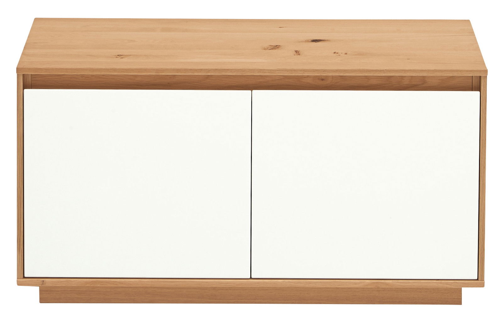 Garderobenbank aus Holz mit zwei weißen Türen, Frontalansicht