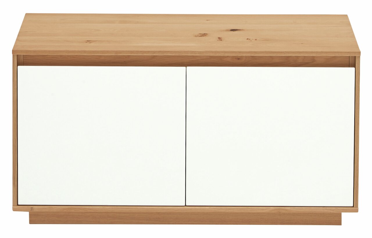 Garderobenbank aus Holz mit zwei weißen Türen, Frontalansicht
