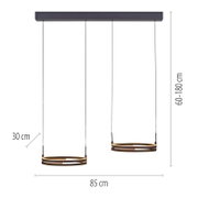Vooraanzicht van een moderne zwarte LED-hanglamp met twee warmwit verlichte ringen, een breedte van 85 cm en verstelbare hoogte van 60 tot 180 cm