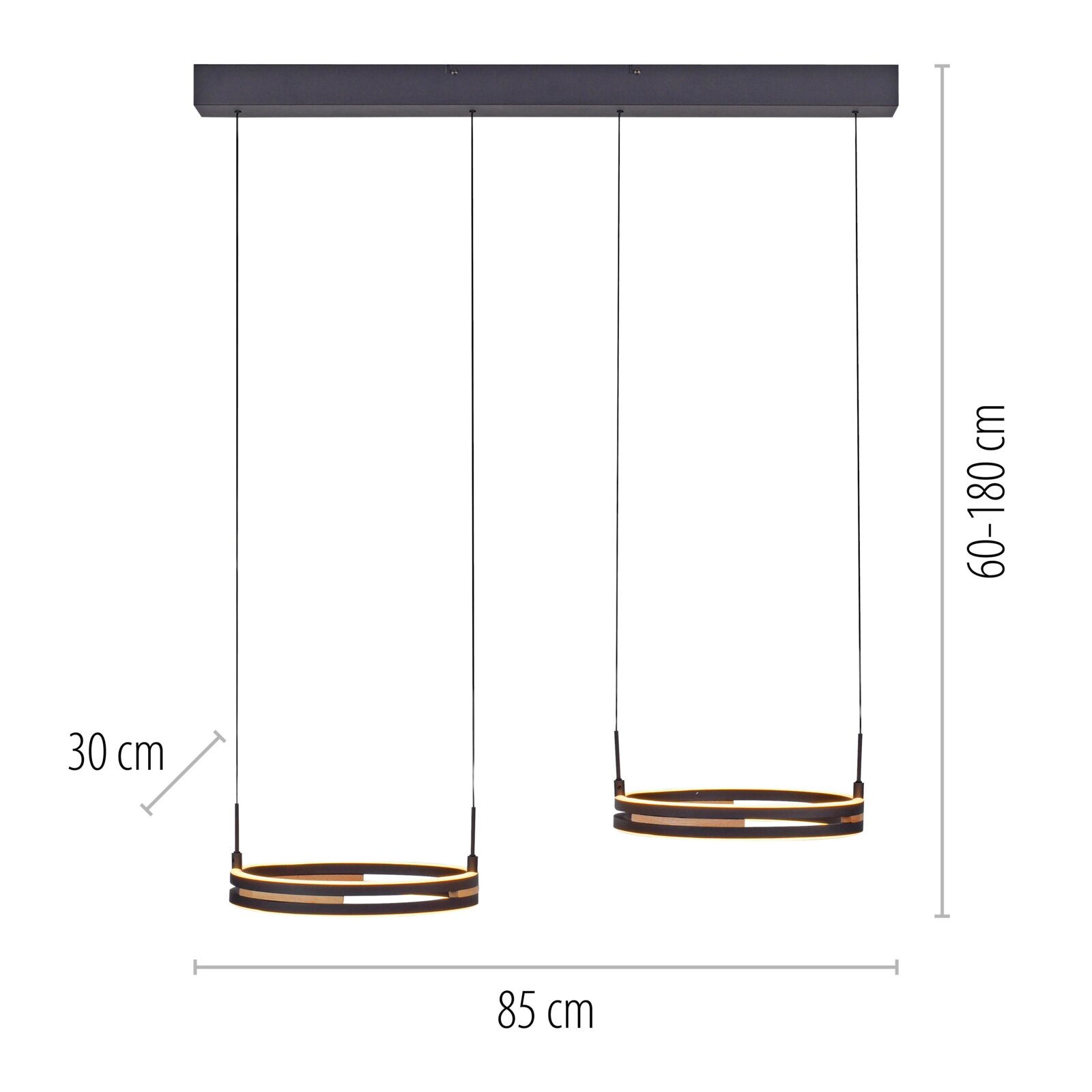 Vooraanzicht van een moderne zwarte LED-hanglamp met twee warmwit verlichte ringen, een breedte van 85 cm en verstelbare hoogte van 60 tot 180 cm