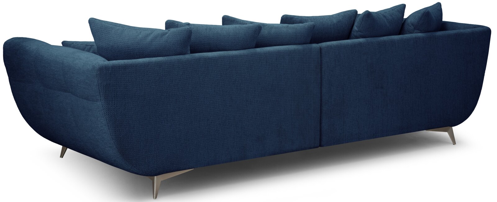 Donkerblauwe, gestoffeerde hoekbank met stoffen bekleding, hoge rugleuning en meerdere rugkussens op slanke metalen poten, afgebeeld vanuit een schuin achteraanzicht (achteraanzicht).