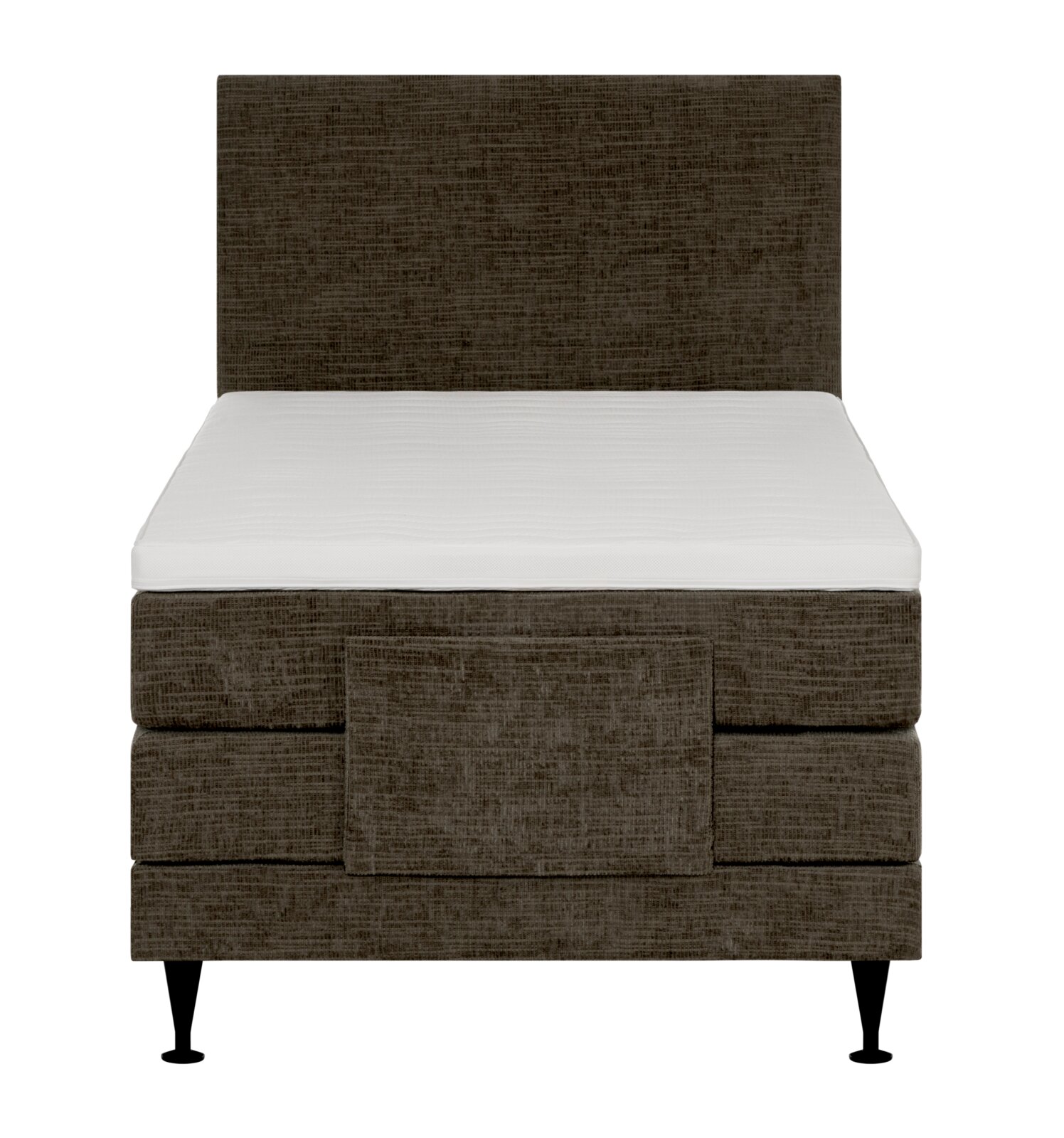 Bruin gestoffeerd boxspringbed met hoog hoofdbord, wit matras en zwarte poten, recht van voren weergegeven.