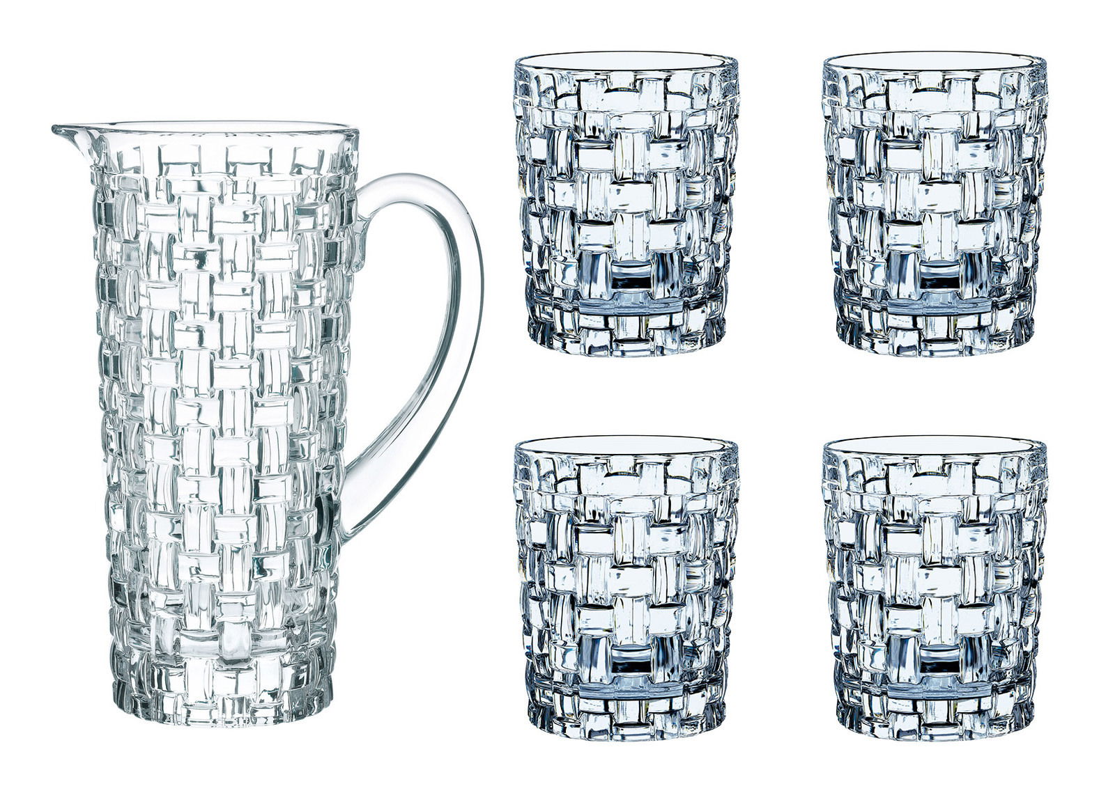 Nachtmann Krugset 5-tlg. BOSSA NOVA Krugset 5-tlg. Bossa Nova aus Glas mit gewebtem Muster, bestehend aus einem Krug und vier Gläsern, frontal abgebildet.