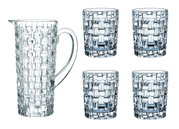 Krugset 5-tlg. Bossa Nova aus Glas mit gewebtem Muster, bestehend aus einem Krug und vier Gläsern, frontal abgebildet.