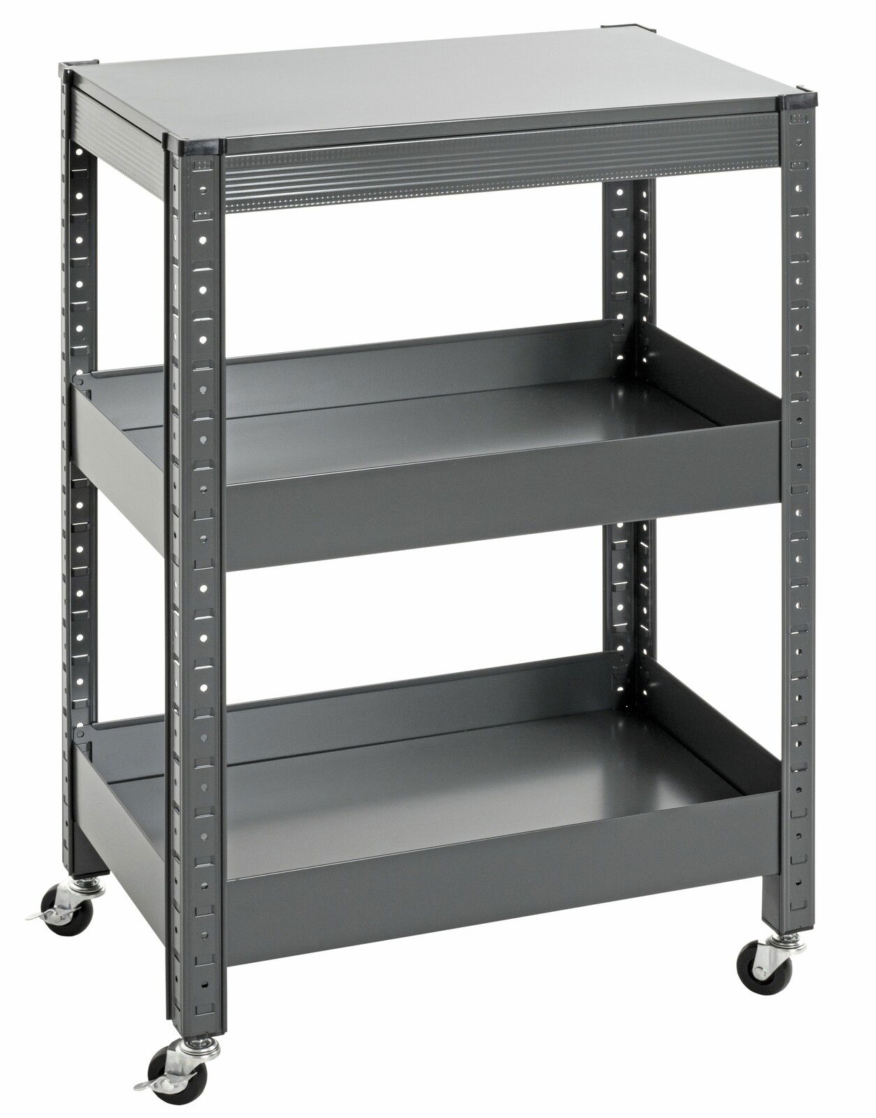 Grauer Servierwagen mit drei Ebenen und Rollen, seitliche Perspektive