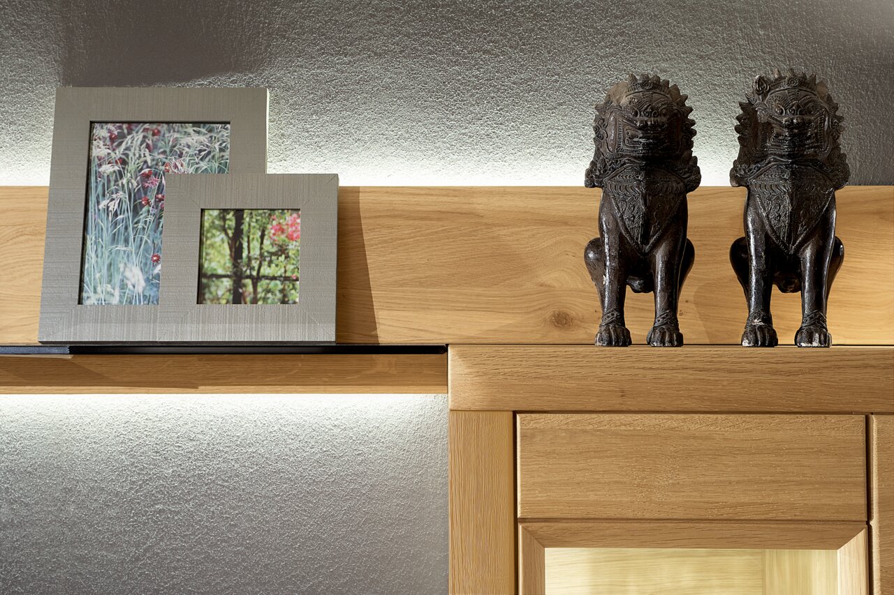 Twee decoratieve leeuwenbeelden van metaal op een houten plank, met daarnaast twee ingelijste foto's met natuurmotieven. Aanzicht van voren.