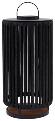 Große Solarlampe mit schwarzem, zylindrischem Design und Tragegriff, Frontalansicht