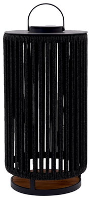 Große Solarlampe mit schwarzem, zylindrischem Design und Tragegriff, Frontalansicht