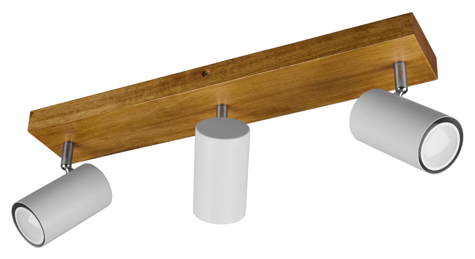 Deckenstrahler MARLEY mit drei verstellbaren GU10 Spots, montiert auf einer Holzleiste, seitliche Perspektive
