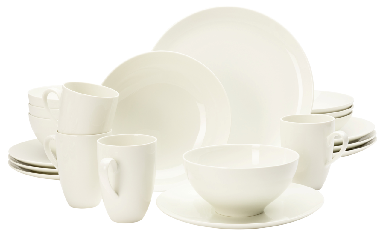 Weißes Kombiservice 20-tlg. aus Porzellan, bestehend aus Tellern, Tassen und Schalen, frontal präsentiert.