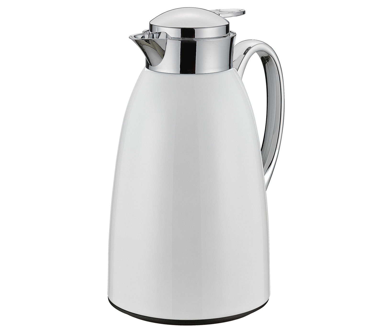 Weiße Isolierkanne Venezia mit glänzendem Griff und Deckel, seitliche Perspektive