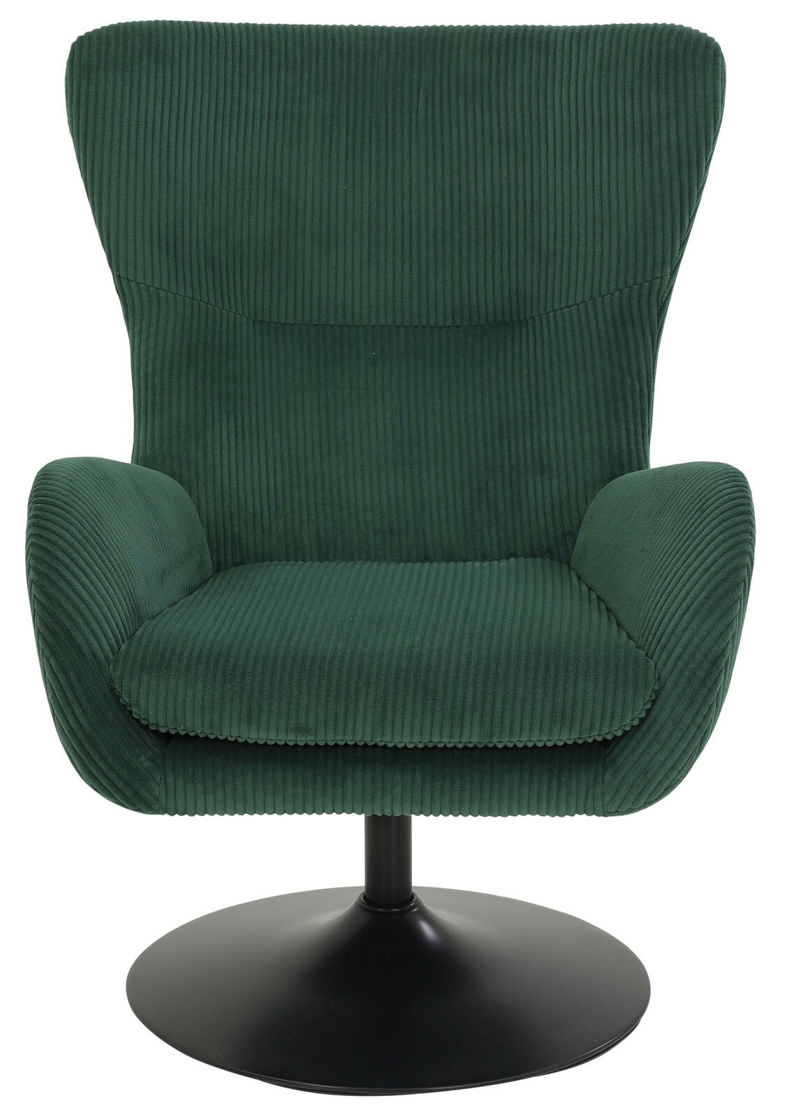 Grüner Sessel mit geripptem Stoffbezug und schwarzem Drehtellerfuß, Frontalansicht