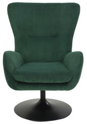 Grüner Sessel mit geripptem Stoffbezug und schwarzem Drehtellerfuß, Frontalansicht