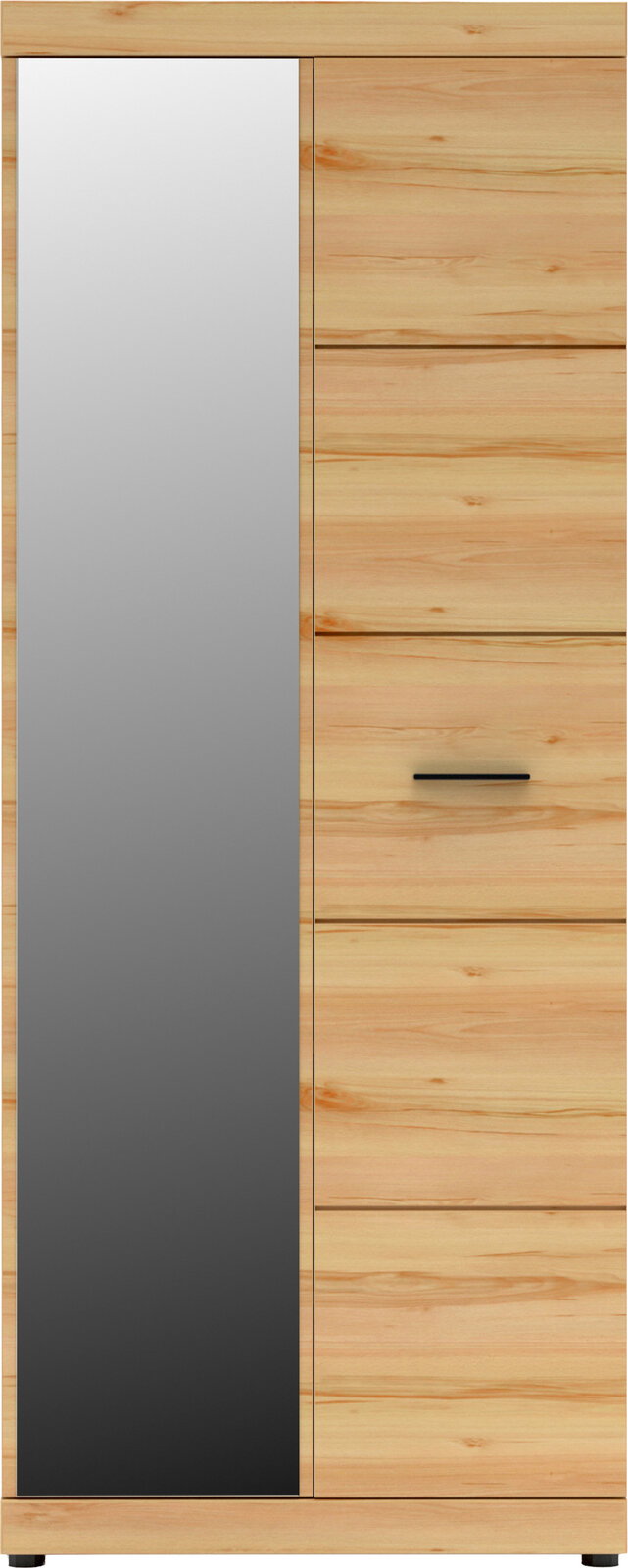 Moderner Kleiderschrank aus hellem Holz mit großer Spiegeltür links und Schubladen/Fronten rechts, Frontansicht