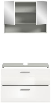Frontale Ansicht einer modernen Badkombination mit einem weißen Unterschrank mit zwei Schubladen und einem Hängeschrank mit Spiegeltüren.