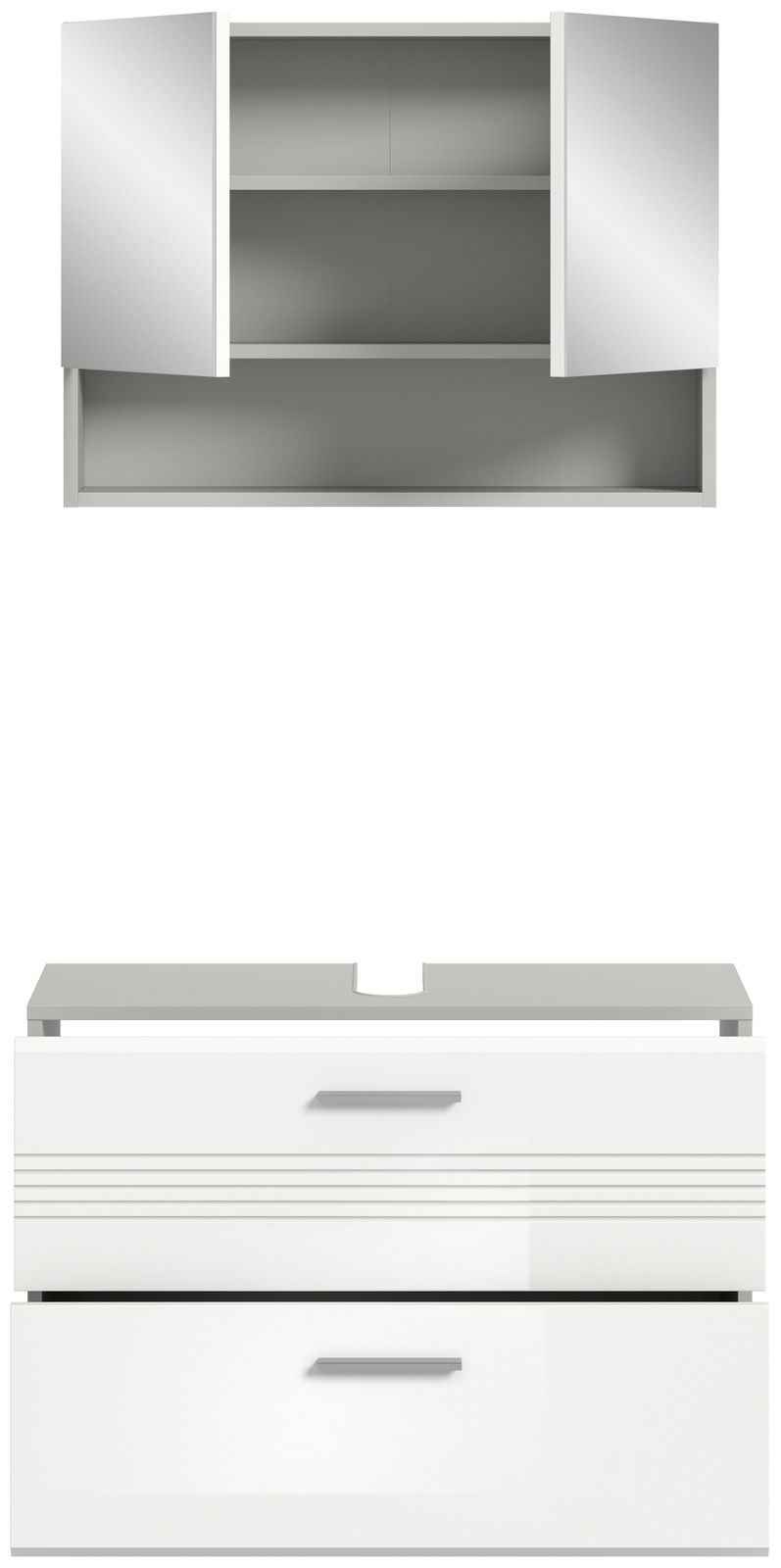 Frontale Ansicht einer modernen Badkombination mit einem weißen Unterschrank mit zwei Schubladen und einem Hängeschrank mit Spiegeltüren.