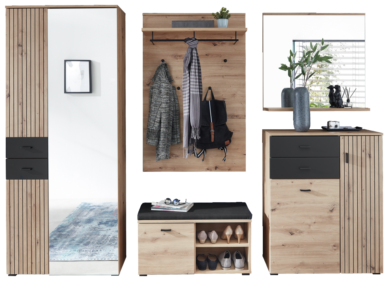 Voleo Garderoben-Set BUFFALO Garderoben-Set in Holzoptik mit Spiegel, Kleiderhaken, Schuhregal und Schubladen, frontal betrachtet.