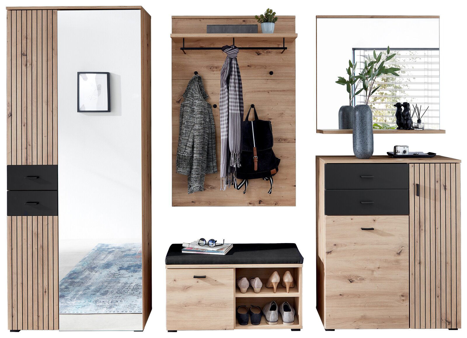 Voleo Garderoben-Set BUFFALO Garderoben-Set in Holzoptik mit Spiegel, Kleiderhaken, Schuhregal und Schubladen, frontal betrachtet.
