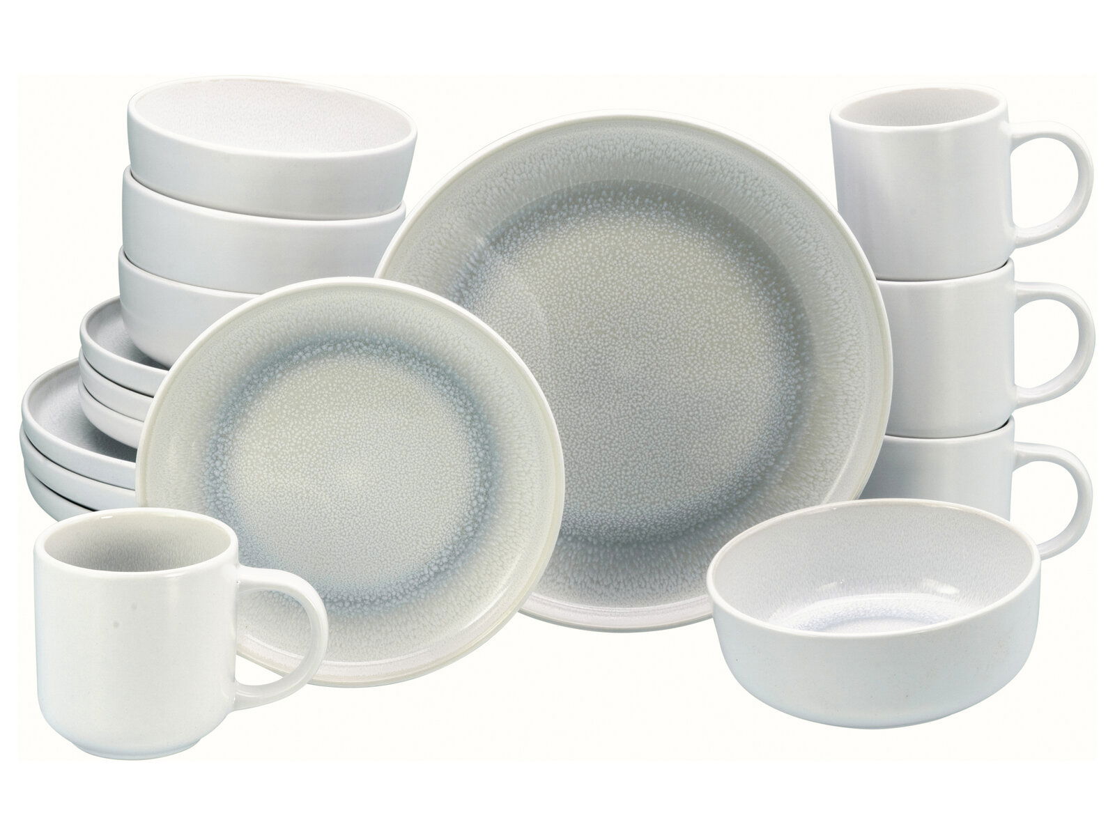 Kombiservice 16-teilig Ice, bestehend aus Tellern, Schalen und Tassen in einem eleganten, eisblauen Design. Perspektive: Frontalansicht.